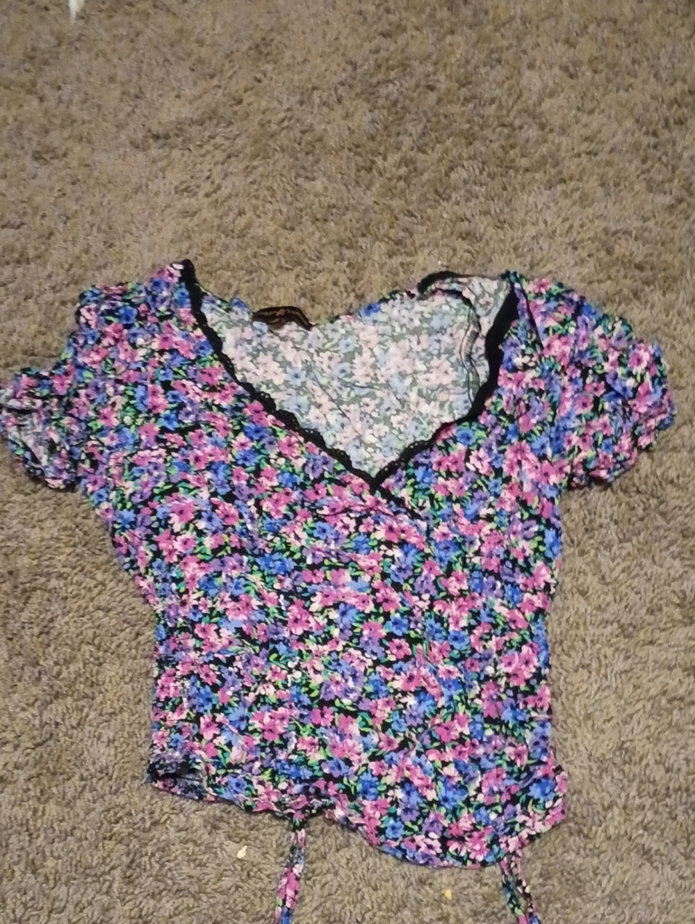 Almost Famous Floral Wrap Crop Top - Pink/Blue/Green on Black